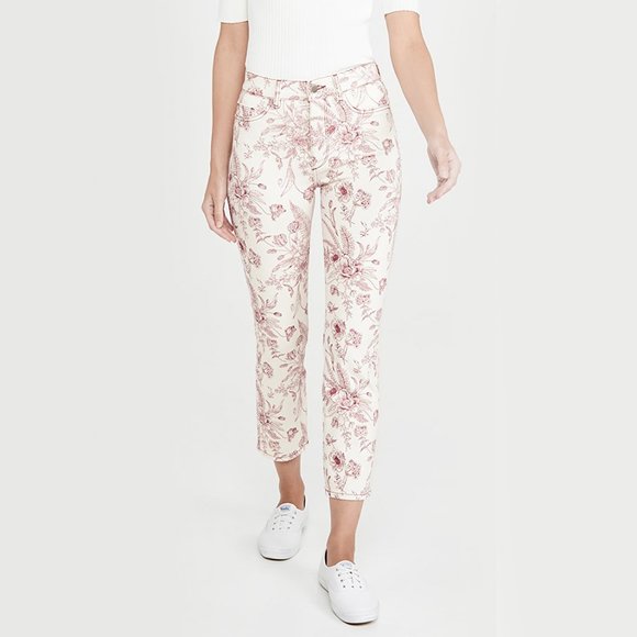 DL1961 Mara Ankle High Rise Instasculpt Straight White Pink Botanical Pants - Picture 1 of 7